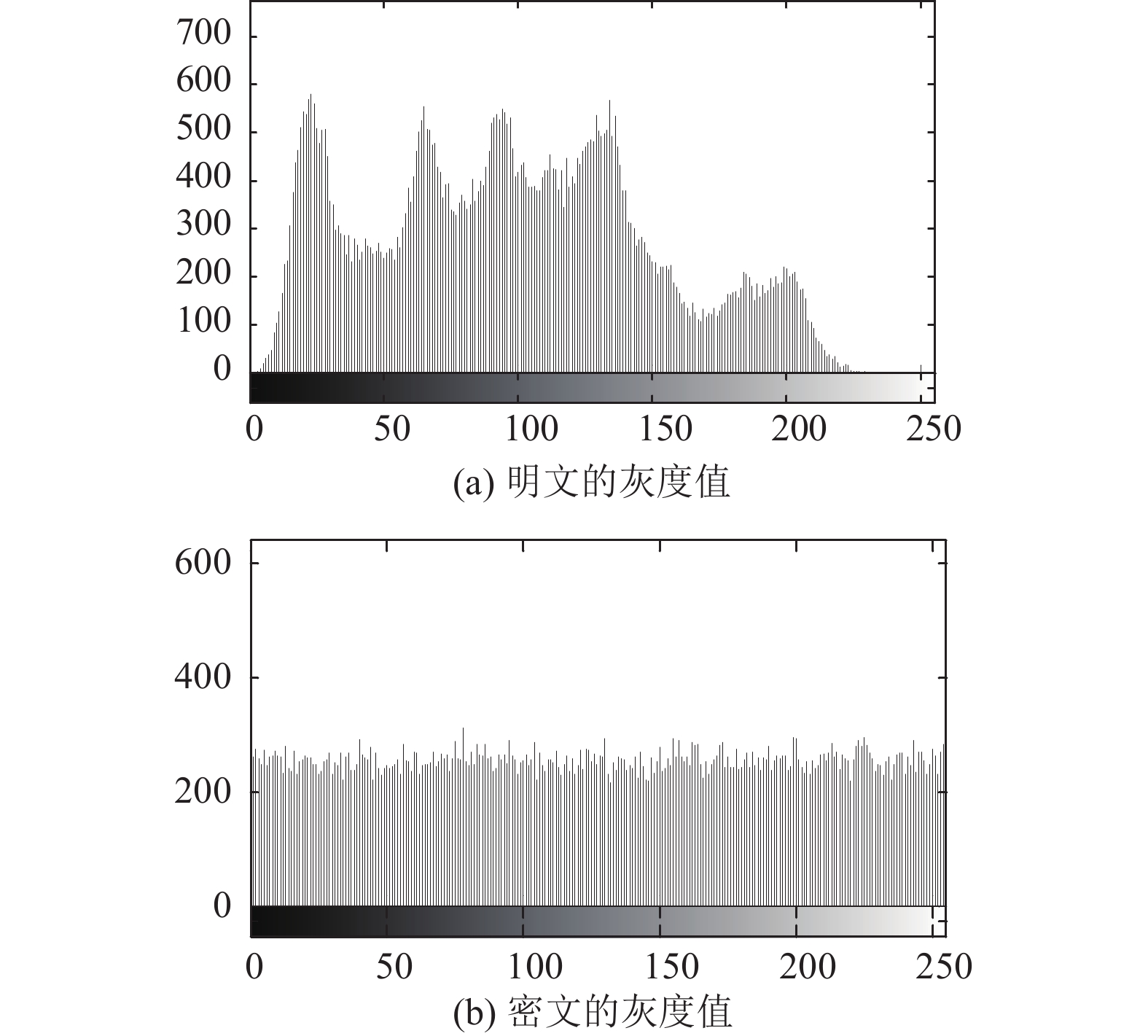1 直方图分析 图4(a)为明文图像的灰度直方图, 图4(b)为密文图像的